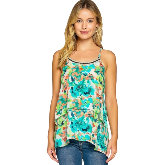 Iz Byer Tops - IZ Byer XL Watercolor Print Layered Tank Top – Beaded Detail